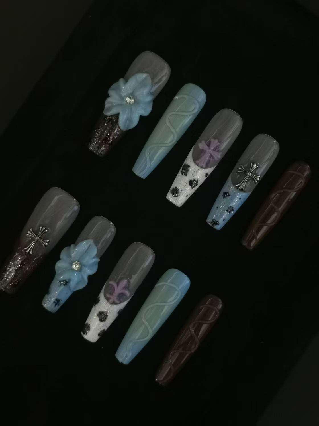 Handmade Acrylic 3D Flower Press on nails coffin square stiletto reusable durable NO:1014