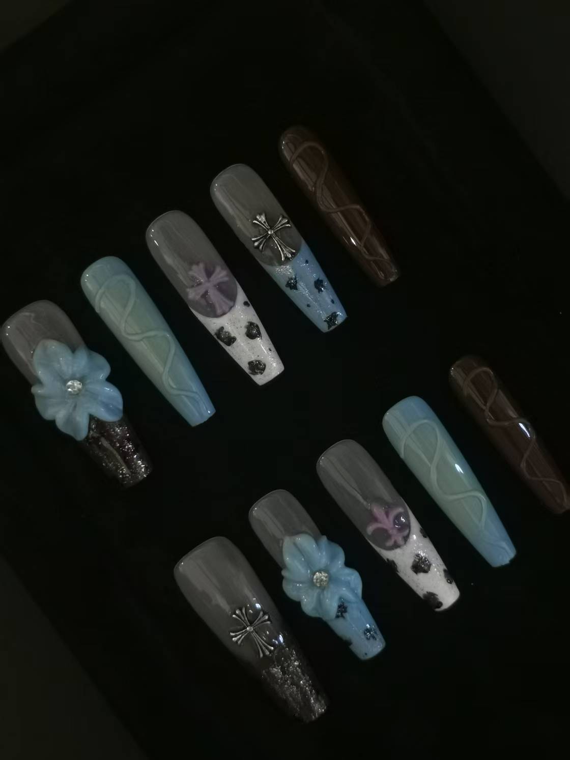 Handmade Acrylic 3D Flower Press on nails coffin square stiletto reusable durable NO:1014