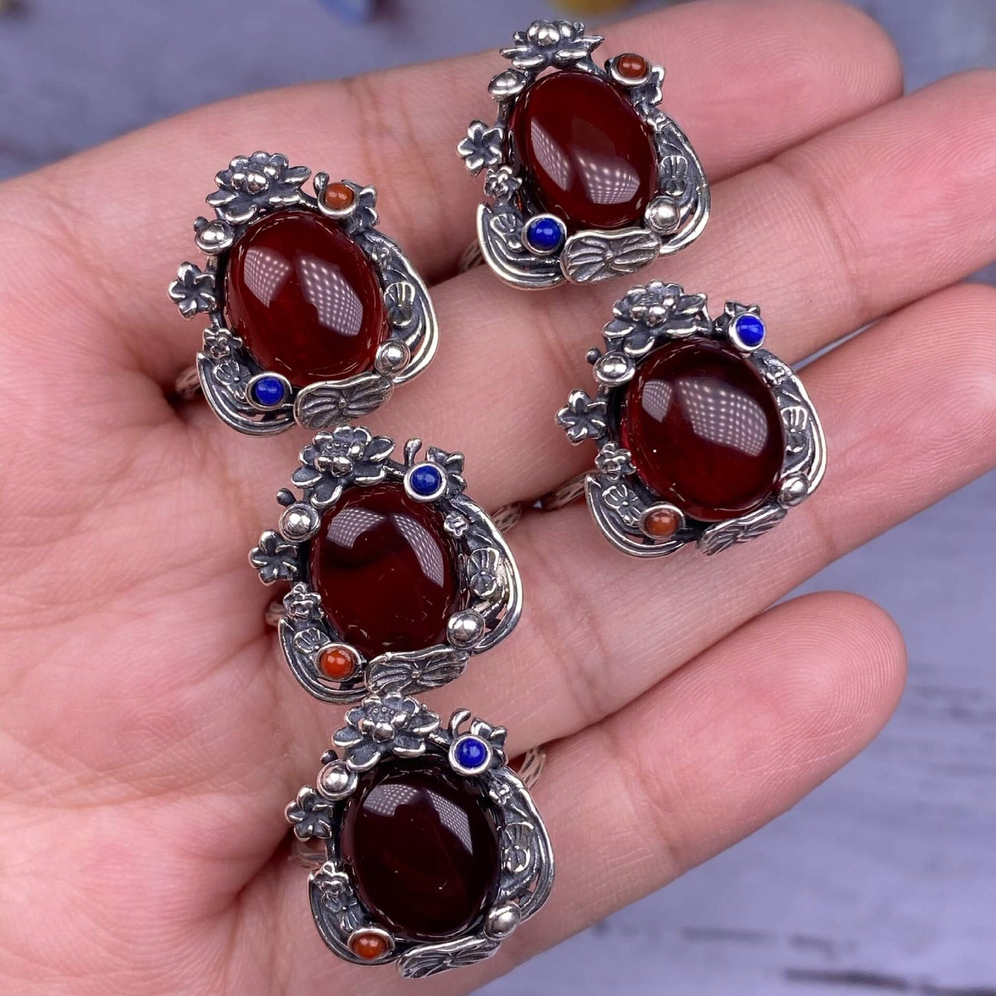 Aquamarine Lapis lazuli, raw blood amber, amethyst, golden sun, purple dragon crystal ring s925, silver inlaid with retro silver, exquisite Nepalese aged women's jewelry, European and American cross-border ring