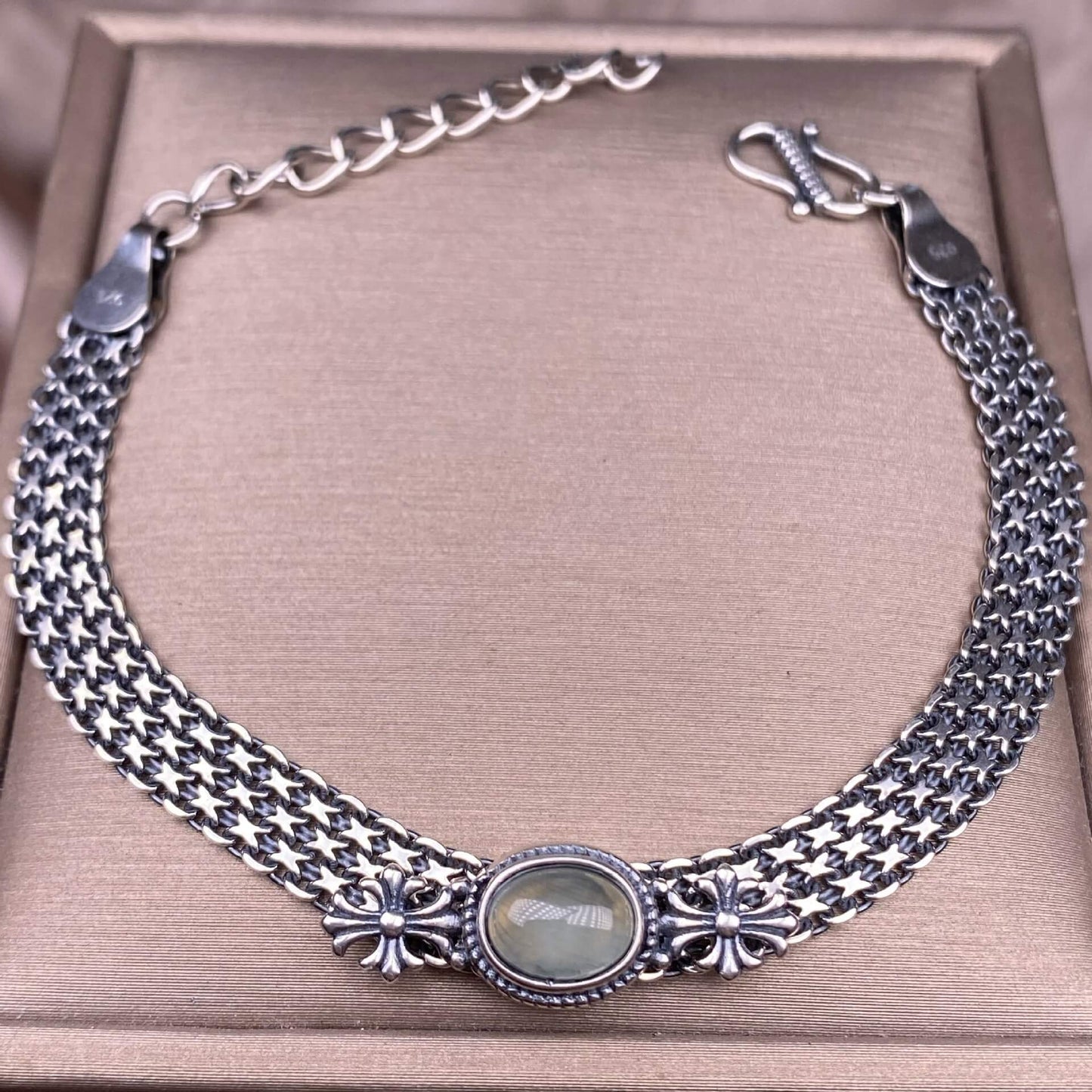 Ghost Amber Sea pattern stone, grape stone, Golden Sun, blue crystal stone, abalone shell, old wax, purple dragon crystal, black opal, golden fortune stone, yellow crystal, opal Bracelet S925 silver inlaid retro silver jewelry Wide Tank Chain