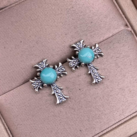 Citrine, peridot, garnet, south red, pink topaz, opal, cordierite, black opal, sea pattern stone, turquoise  cross earrings S925