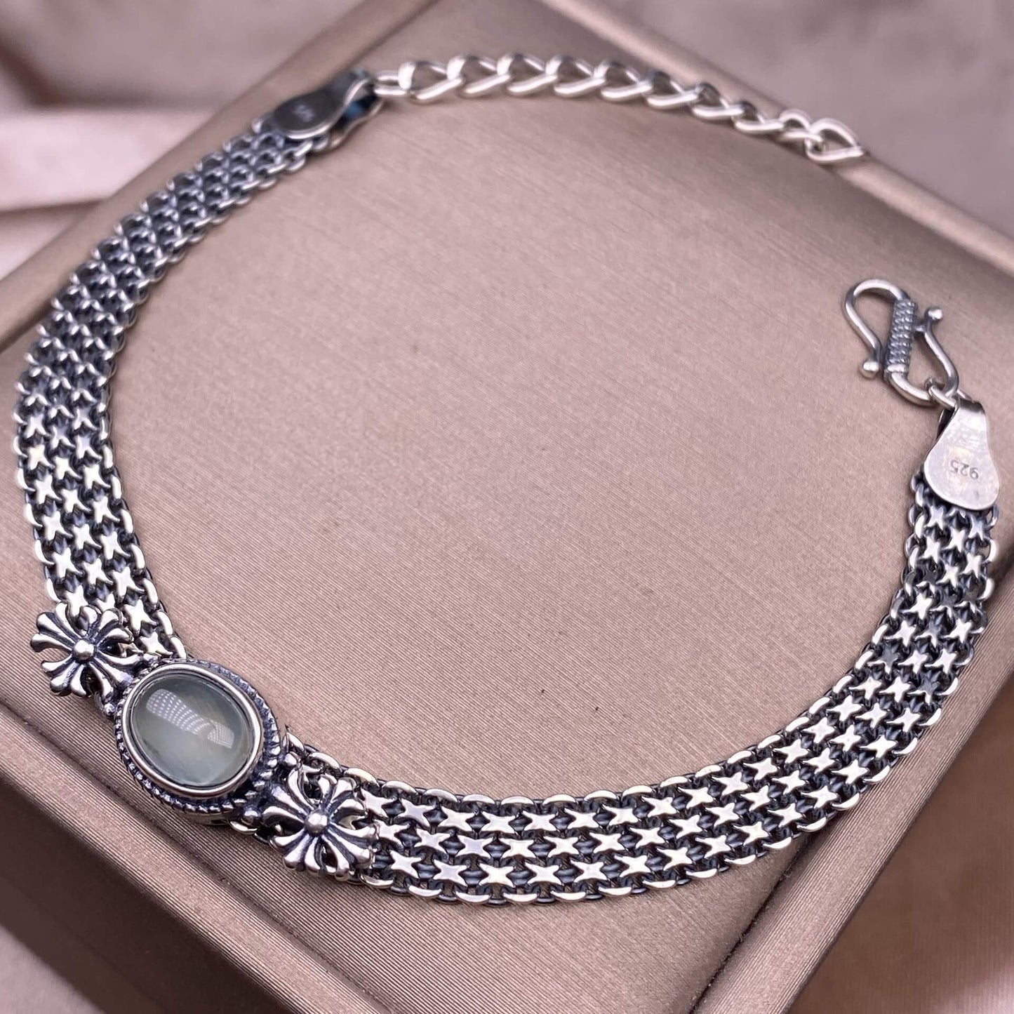 Ghost Amber Sea pattern stone, grape stone, Golden Sun, blue crystal stone, abalone shell, old wax, purple dragon crystal, black opal, golden fortune stone, yellow crystal, opal Bracelet S925 silver inlaid retro silver jewelry Wide Tank Chain