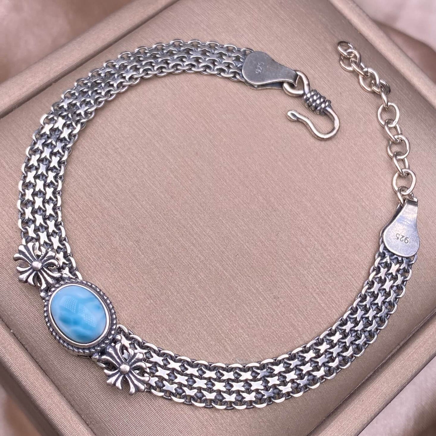 Ghost Amber Sea pattern stone, grape stone, Golden Sun, blue crystal stone, abalone shell, old wax, purple dragon crystal, black opal, golden fortune stone, yellow crystal, opal Bracelet S925 silver inlaid retro silver jewelry Wide Tank Chain