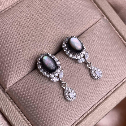 Black Opal Black Shell White Shell Turquoise Purple-toothed black, golden sunstone, garnet  earrings S925, silver inlaid with full diamonds, feather style,  fashionable OL earrings