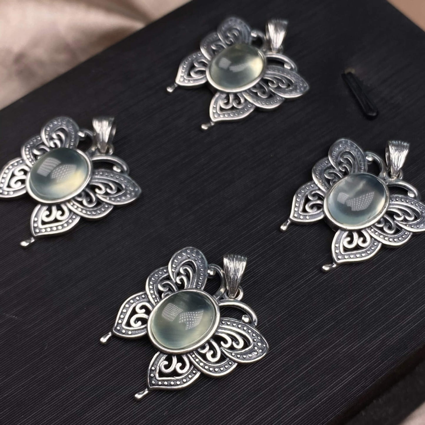 Lalima sea Pattern Stone Rose quartz, blue moonstone, aquamarine, old wax, flower amber, amethyst, turquoise, Hetian jade, grape stone pendant S925 silver inlaid retro butterfly necklace pendant