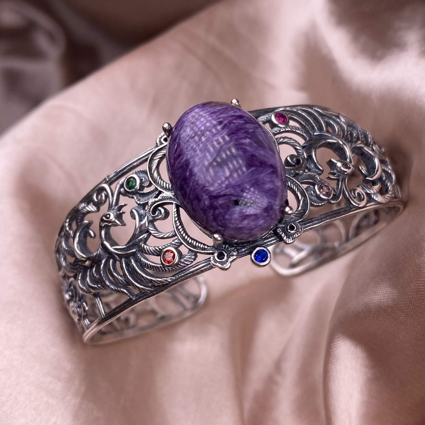 Purple dragon crystal, aquamarine bangle bracelet S925, silver inlaid, retro open bracelet