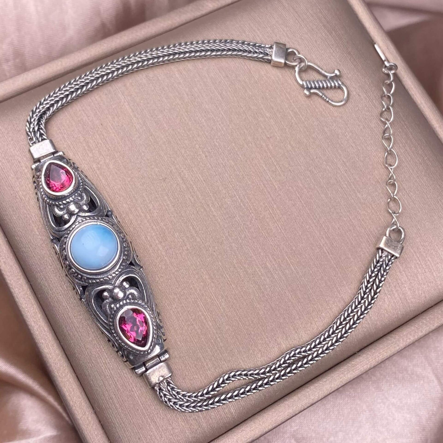 Black Opal Amethyst Lalima sea-patterned stone pink topa Opal s925 silver inlaid retro Nepalese style, exaggerated and niche Opal jewelry, dazzling and free of cracksry 2025 GMSB1