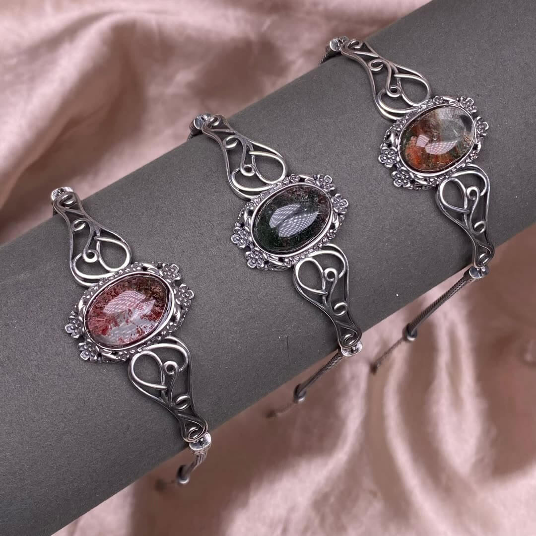 Garnet Blue Moonlight Grey Moonlight Amethyst Purple Dragon  Crystal Ghost Stone  bangle S925, silver inlaid with retro silver, personalized commuting, aged and fashionable women's colored gemstone crystal jewelry