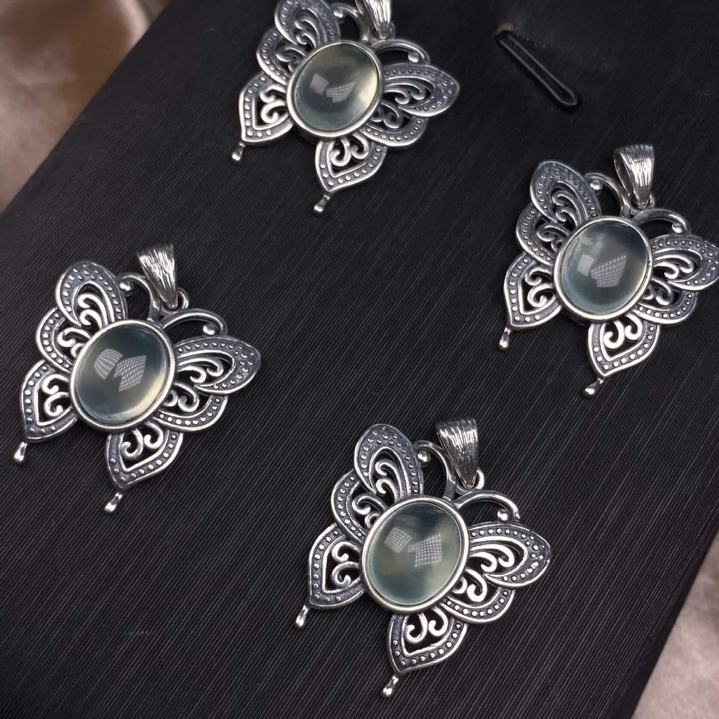 Lalima sea Pattern Stone Rose quartz, blue moonstone, aquamarine, old wax, flower amber, amethyst, turquoise, Hetian jade, grape stone pendant S925 silver inlaid retro butterfly necklace pendant