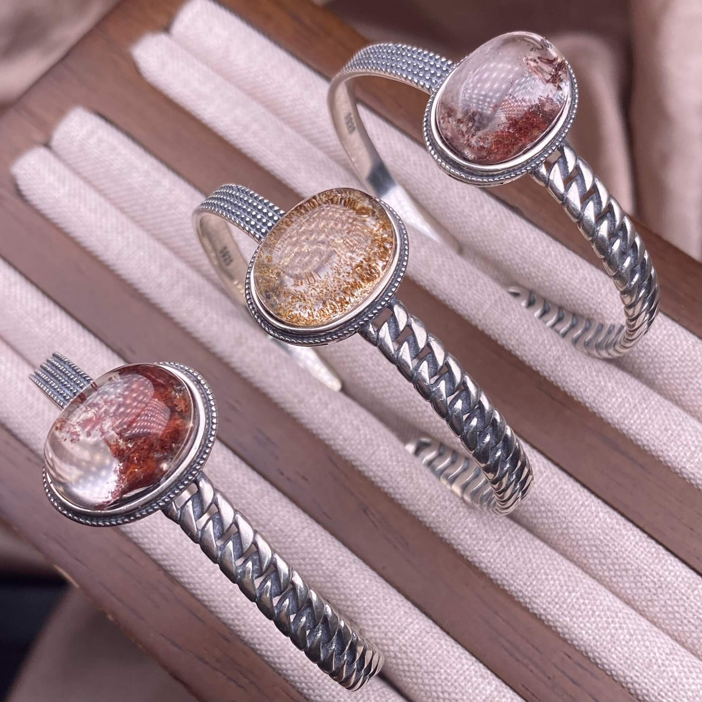 Ghost, Blue Moonlight, Old Wax, Aquamarine bangle bracelet S925, silver inlaid, retro open bracelet