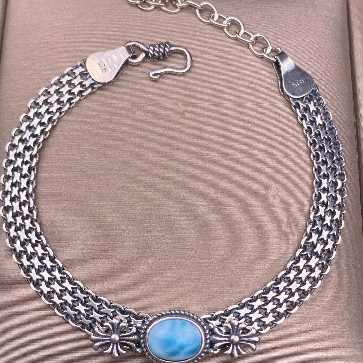 Ghost Amber Sea pattern stone, grape stone, Golden Sun, blue crystal stone, abalone shell, old wax, purple dragon crystal, black opal, golden fortune stone, yellow crystal, opal Bracelet S925 silver inlaid retro silver jewelry Wide Tank Chain