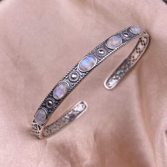 Black Opal,Turquoise, golden stone Blue Moonlight, lime feldspar, citrine, amethyst, aquamarine bangle bracelet S925, silver inlaid, retro open bracelet