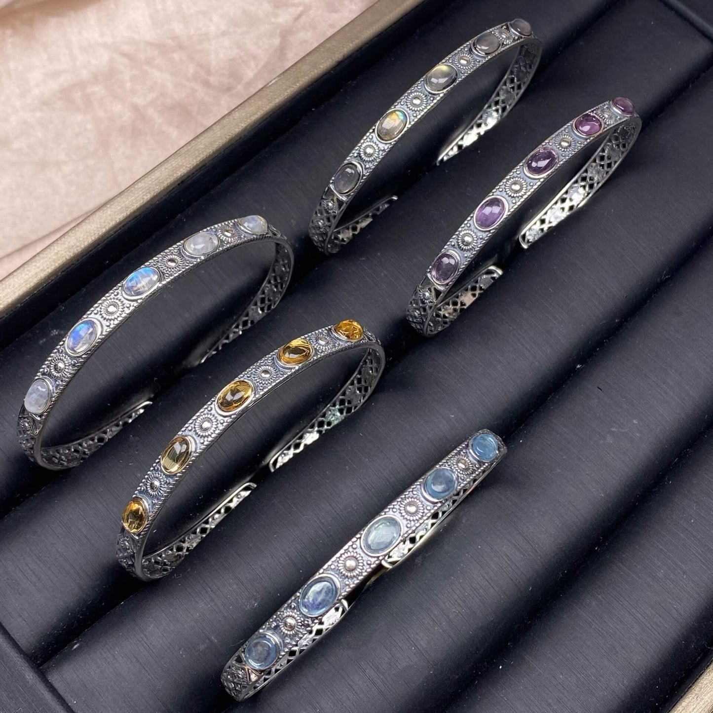 Black Opal,Turquoise, golden stone Blue Moonlight, lime feldspar, citrine, amethyst, aquamarine bangle bracelet S925, silver inlaid, retro open bracelet