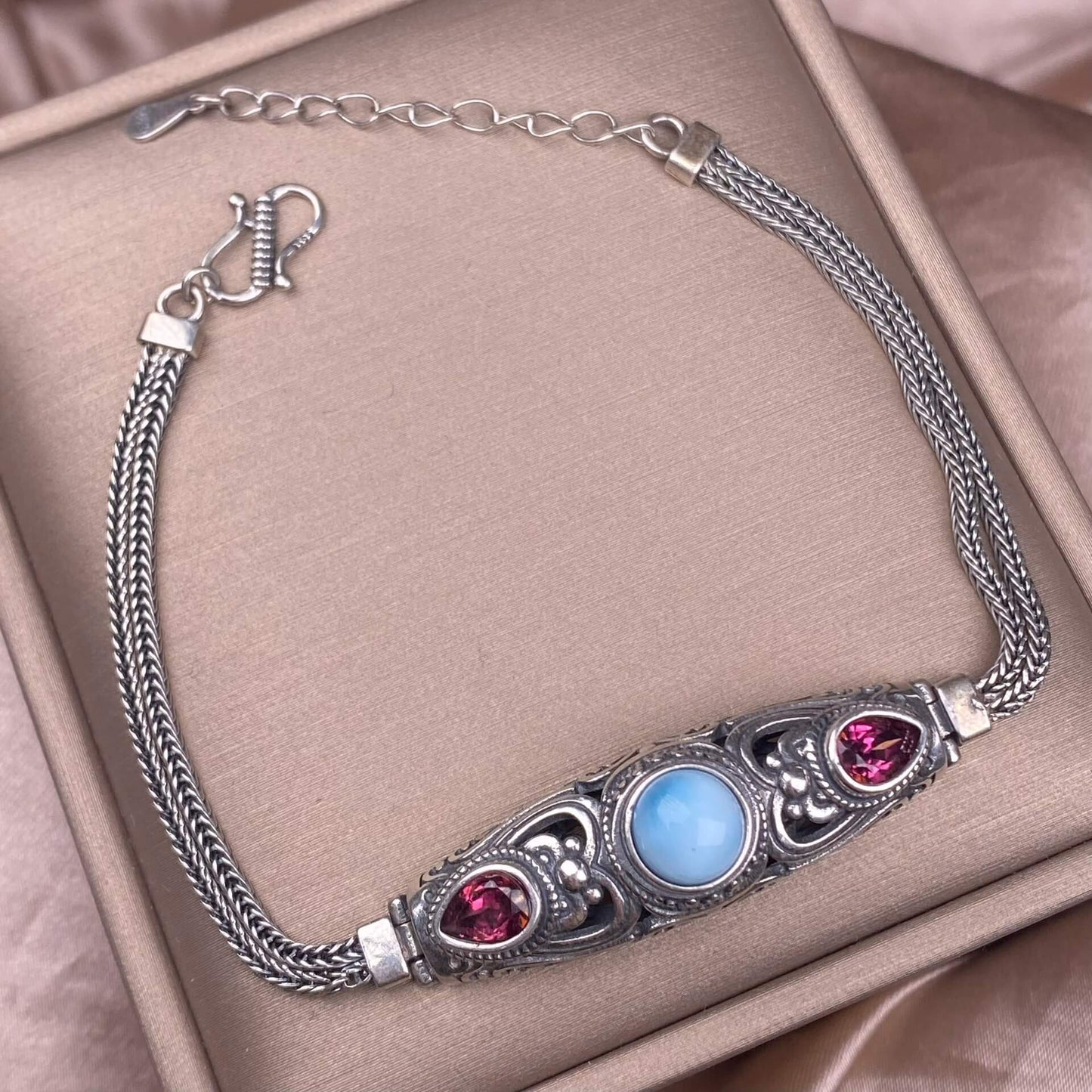 Black Opal Amethyst Lalima sea-patterned stone pink topa Opal s925 silver inlaid retro Nepalese style, exaggerated and niche Opal jewelry, dazzling and free of cracksry 2025 GMSB1