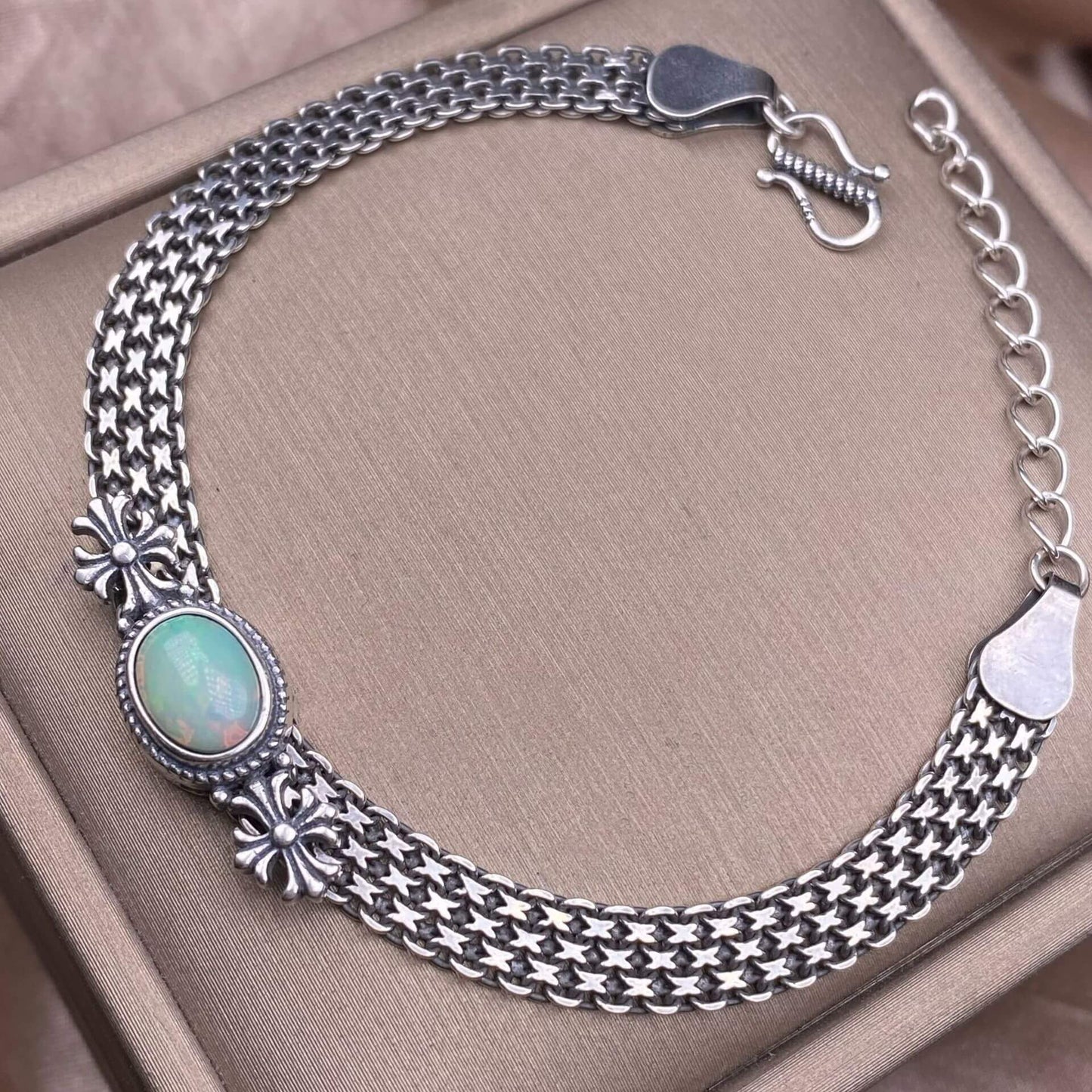 Ghost Amber Sea pattern stone, grape stone, Golden Sun, blue crystal stone, abalone shell, old wax, purple dragon crystal, black opal, golden fortune stone, yellow crystal, opal Bracelet S925 silver inlaid retro silver jewelry Wide Tank Chain