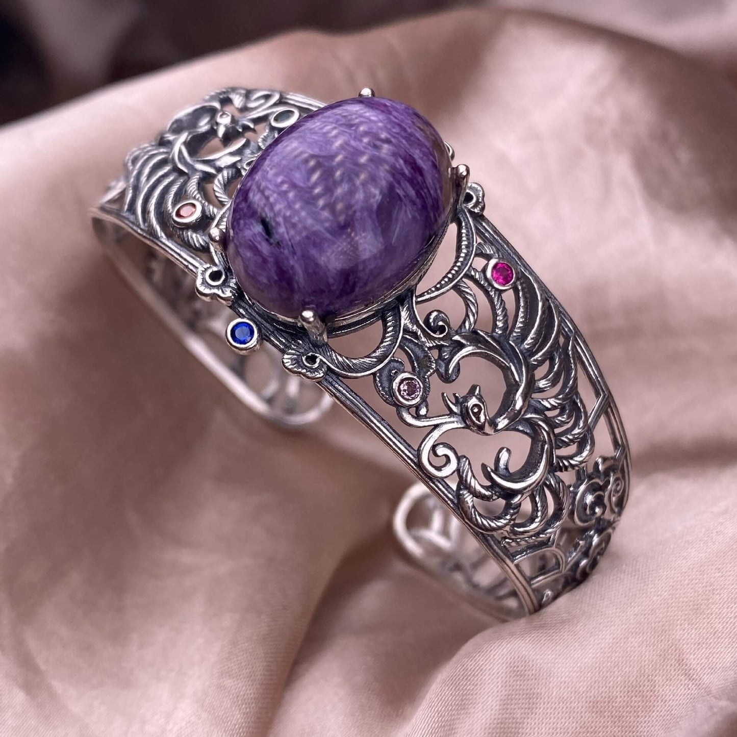 Purple dragon crystal, aquamarine bangle bracelet S925, silver inlaid, retro open bracelet