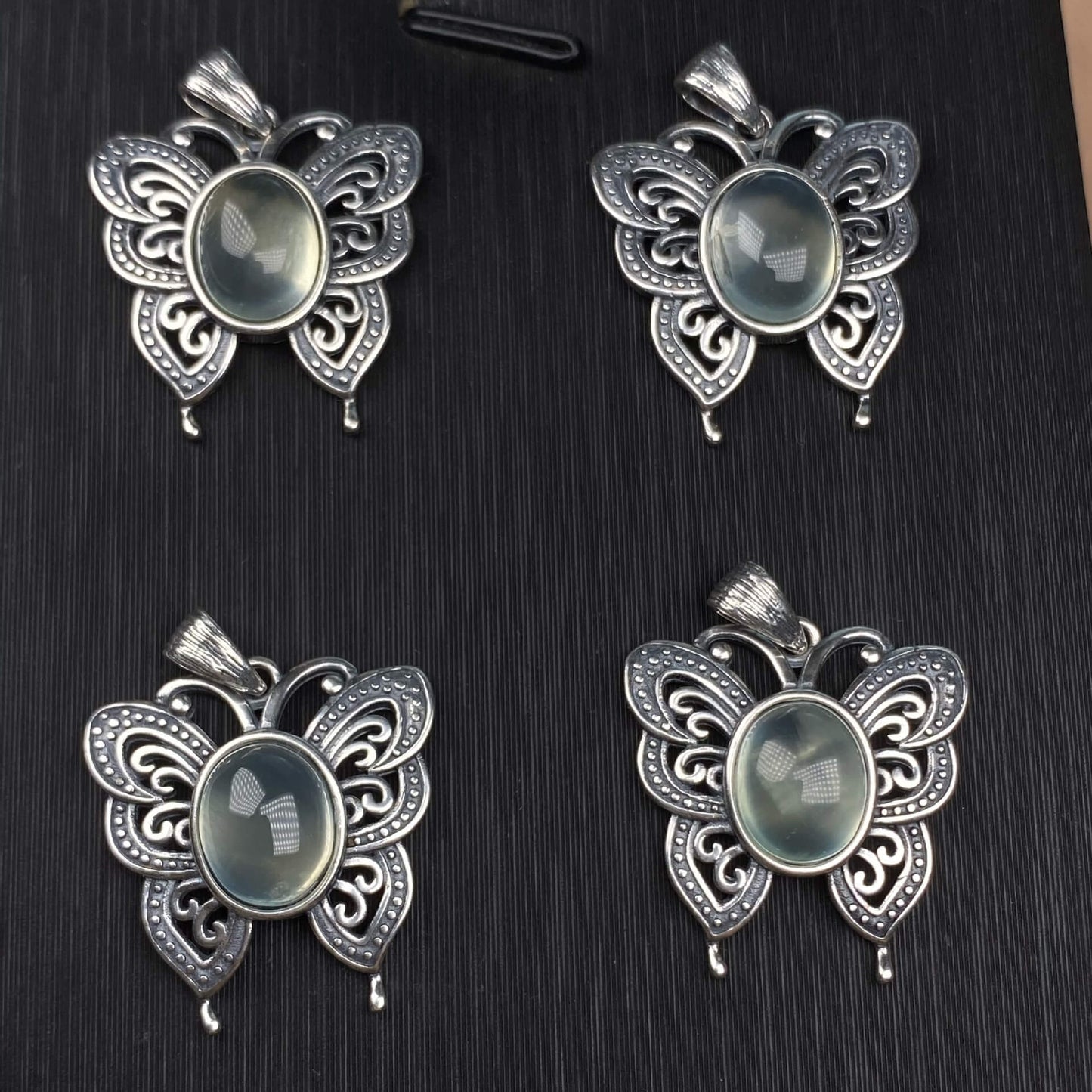 Lalima sea Pattern Stone Rose quartz, blue moonstone, aquamarine, old wax, flower amber, amethyst, turquoise, Hetian jade, grape stone pendant S925 silver inlaid retro butterfly necklace pendant
