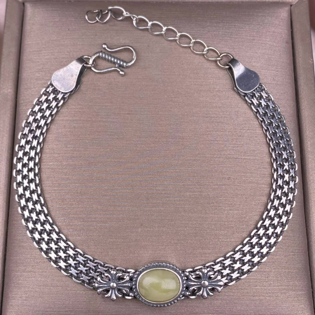 Ghost Amber Sea pattern stone, grape stone, Golden Sun, blue crystal stone, abalone shell, old wax, purple dragon crystal, black opal, golden fortune stone, yellow crystal, opal Bracelet S925 silver inlaid retro silver jewelry Wide Tank Chain