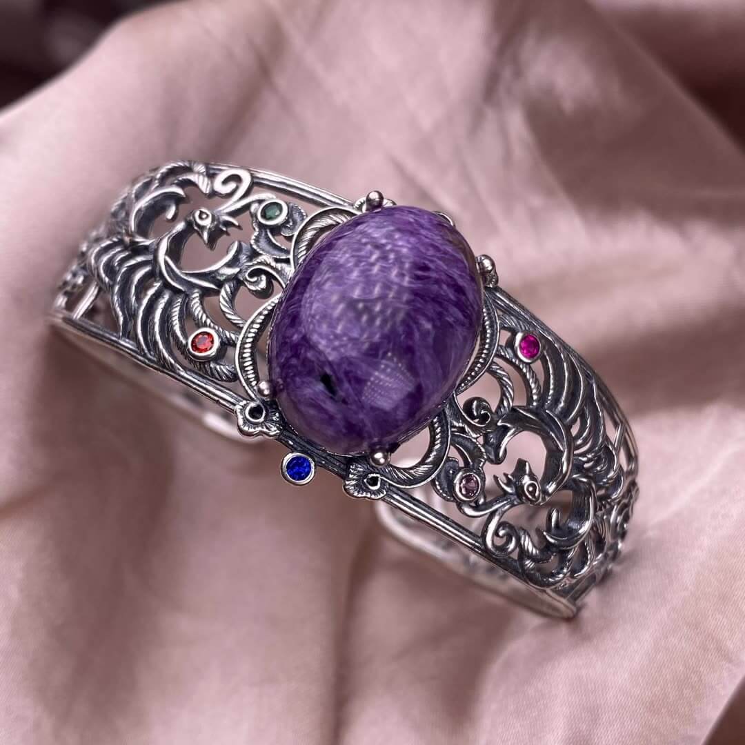 Purple dragon crystal, aquamarine bangle bracelet S925, silver inlaid, retro open bracelet