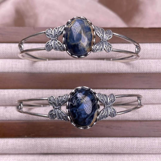 Old wax, green dragon crystal, south red, rose crystal, blue crystal, Peter stone bangle bracelet S925, silver inlaid, retro open bracelet