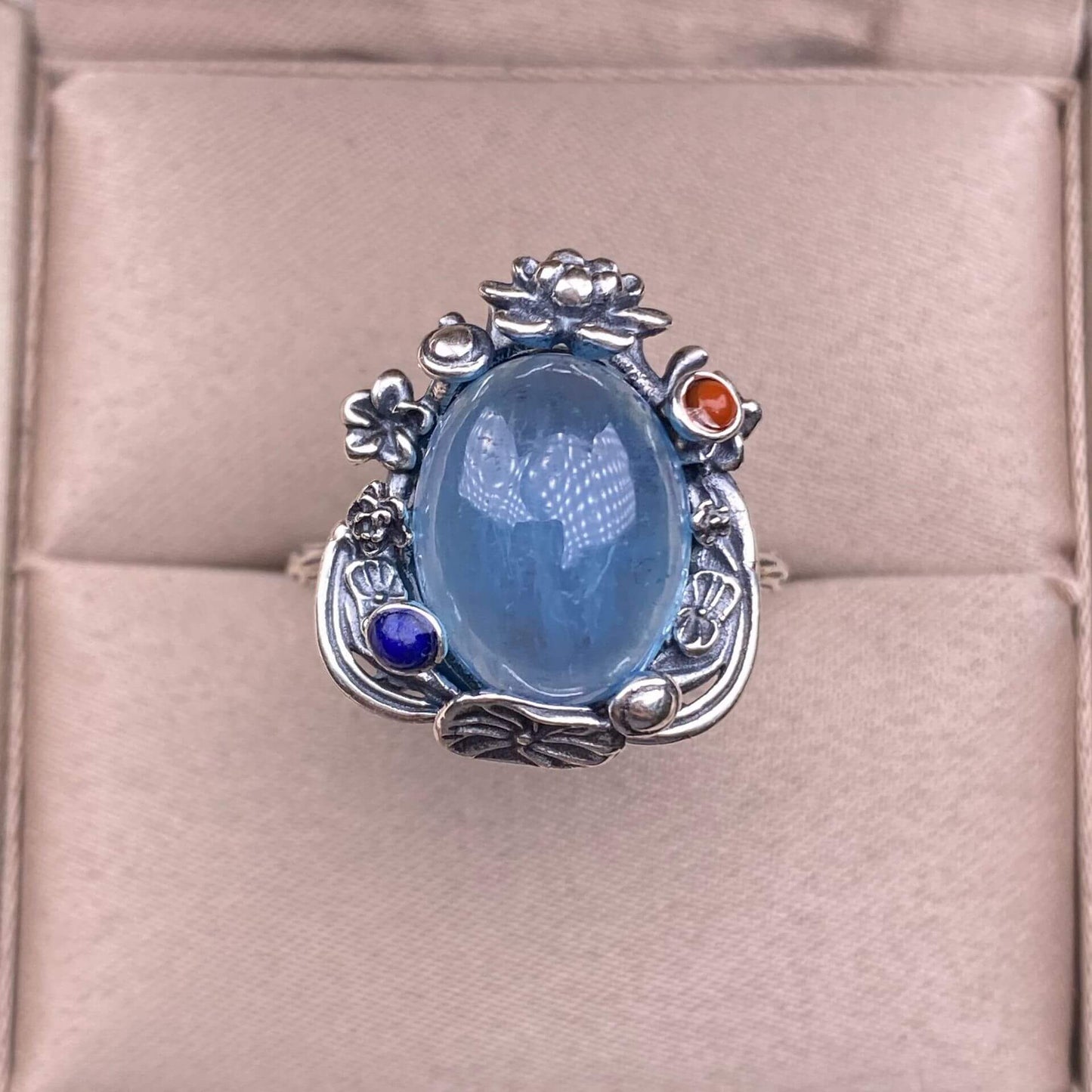 Aquamarine Lapis lazuli, raw blood amber, amethyst, golden sun, purple dragon crystal ring s925, silver inlaid with retro silver, exquisite Nepalese aged women's jewelry, European and American cross-border ring