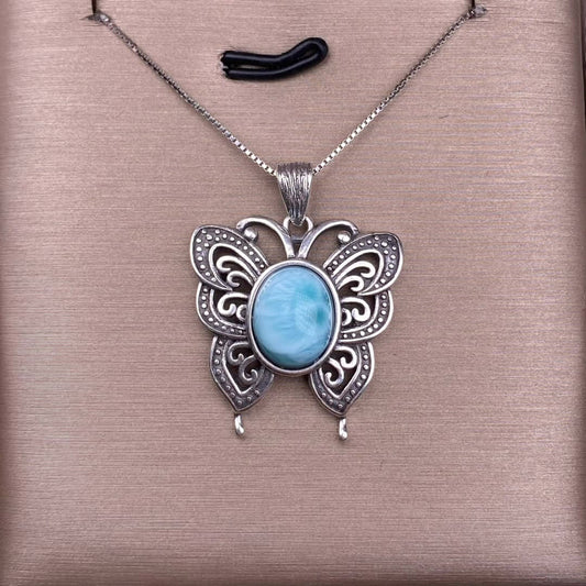 Lalima sea Pattern Stone Rose quartz, blue moonstone, aquamarine, old wax, flower amber, amethyst, turquoise, Hetian jade, grape stone pendant S925 silver inlaid retro butterfly necklace pendant