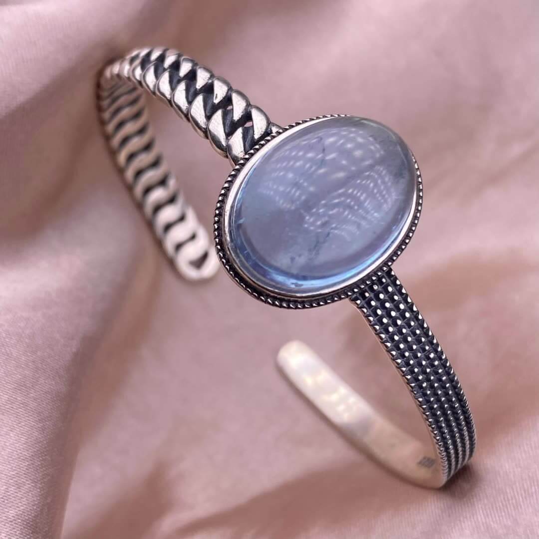 Ghost, Blue Moonlight, Old Wax, Aquamarine bangle bracelet S925, silver inlaid, retro open bracelet
