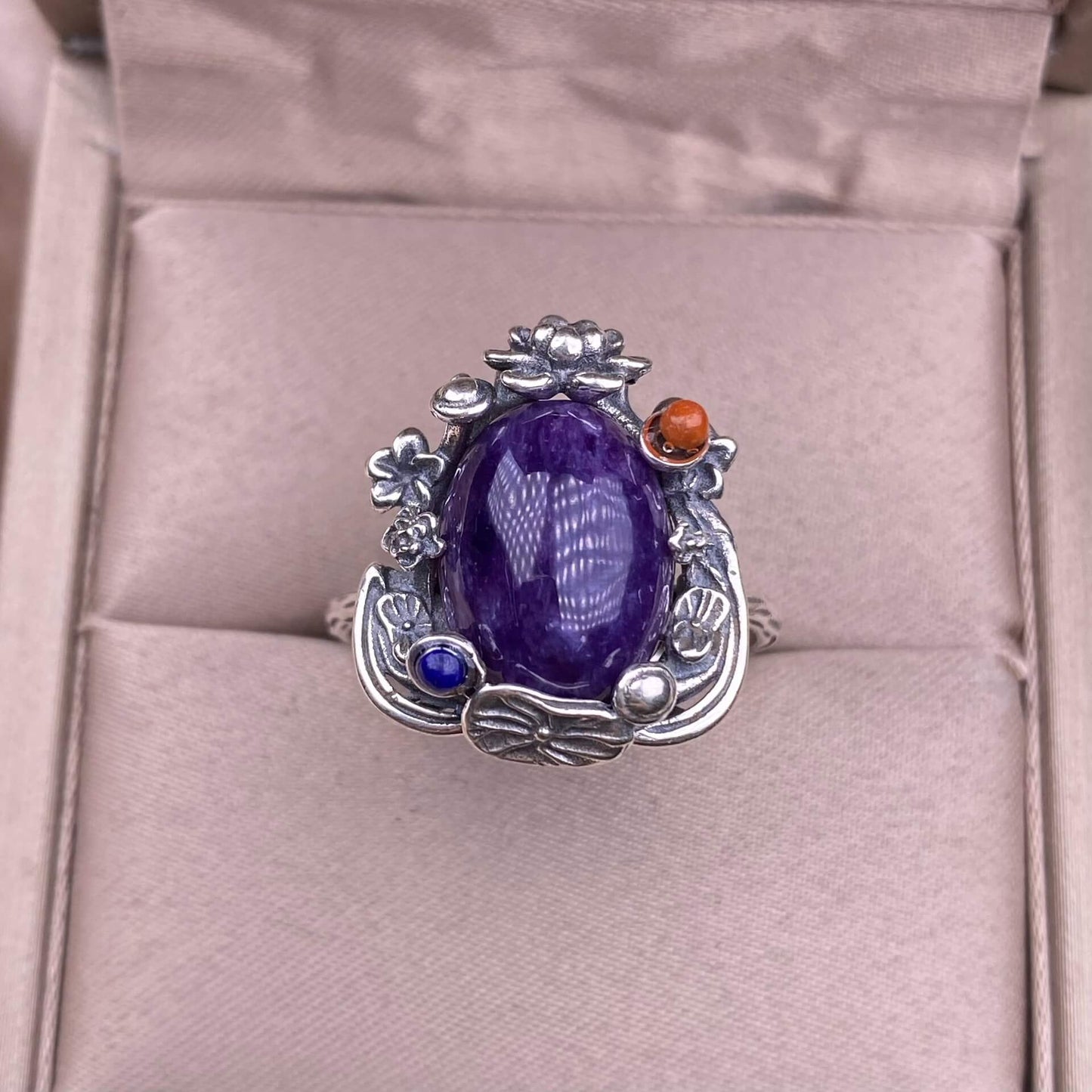 Aquamarine Lapis lazuli, raw blood amber, amethyst, golden sun, purple dragon crystal ring s925, silver inlaid with retro silver, exquisite Nepalese aged women's jewelry, European and American cross-border ring