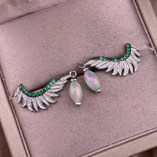 Opal Peridot garnet earrings S925, silver inlaid with full diamonds, feather style, Aubao colorful ear buckles, fashionable OL earrings, horse eye Opal