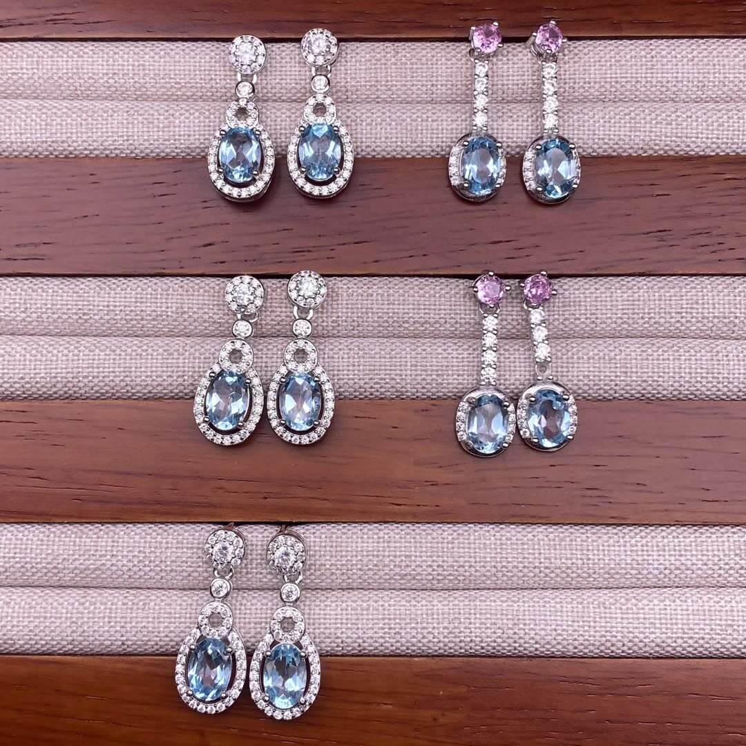 Topaz earrings S925, silver inlaid with full diamonds, exquisite and light luxury women's colored gemstone crystal short silver earrings and earrings