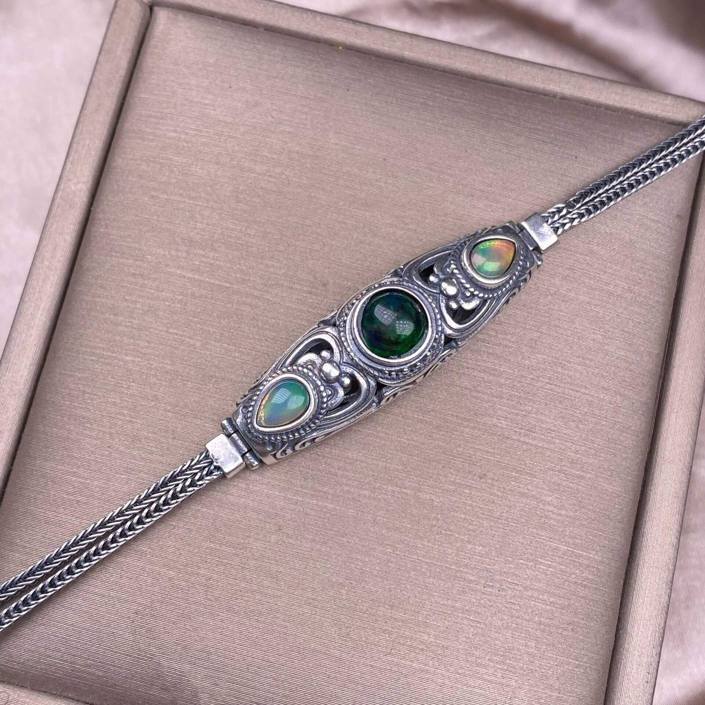 Black Opal Amethyst Lalima sea-patterned stone pink topa Opal s925 silver inlaid retro Nepalese style, exaggerated and niche Opal jewelry, dazzling and free of cracksry 2025 GMSB1