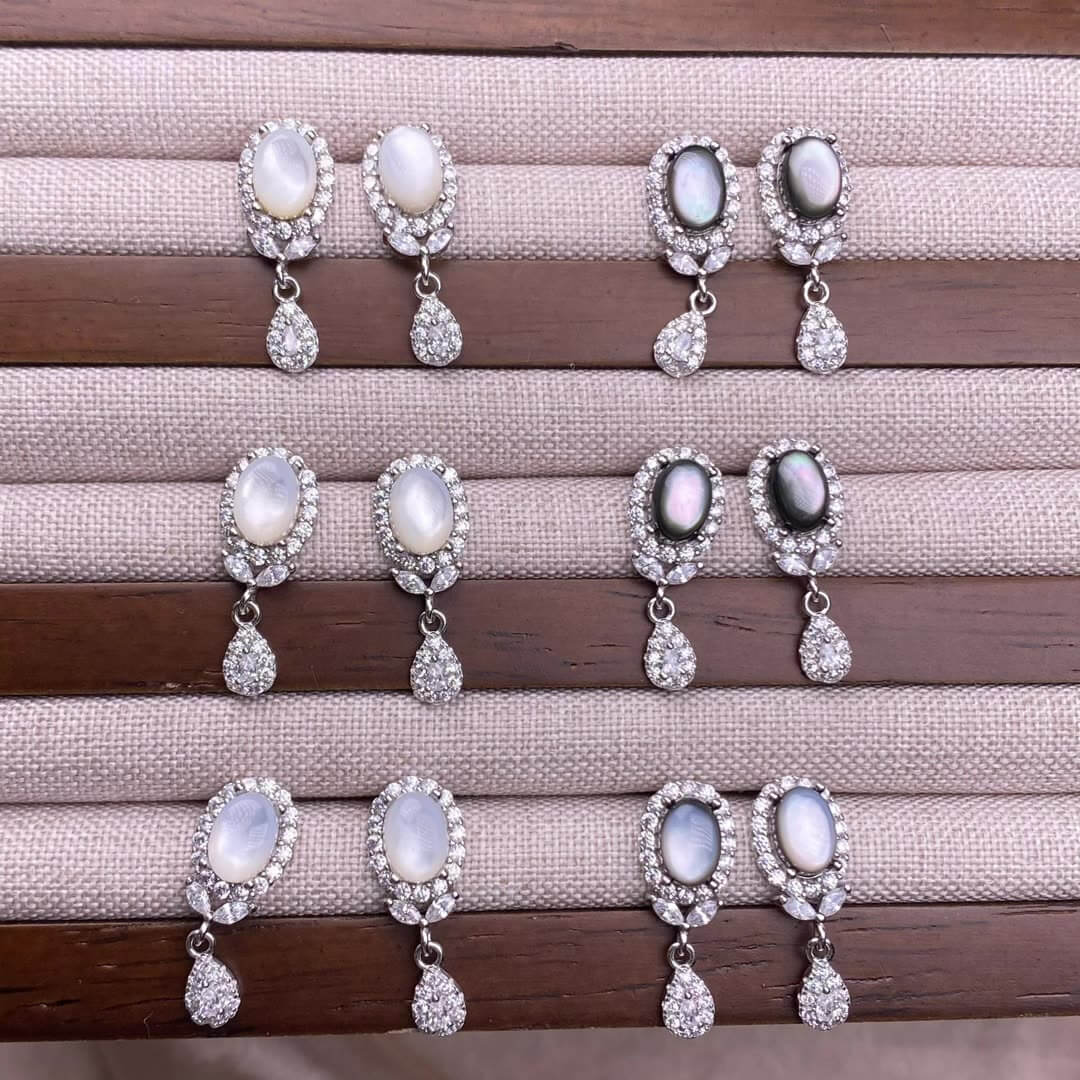 Black Opal Black Shell White Shell Turquoise Purple-toothed black, golden sunstone, garnet  earrings S925, silver inlaid with full diamonds, feather style,  fashionable OL earrings