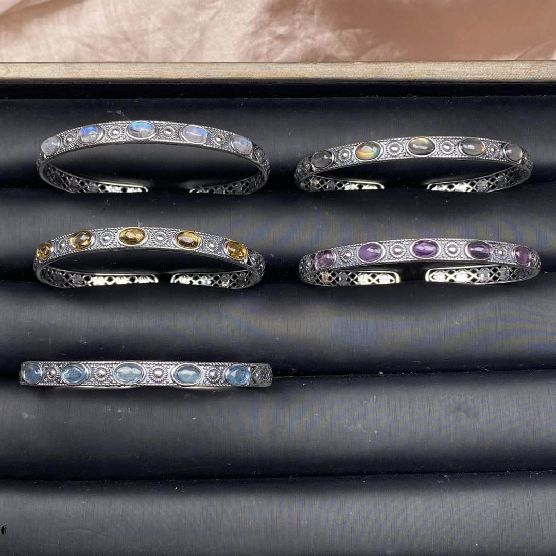 Black Opal,Turquoise, golden stone Blue Moonlight, lime feldspar, citrine, amethyst, aquamarine bangle bracelet S925, silver inlaid, retro open bracelet