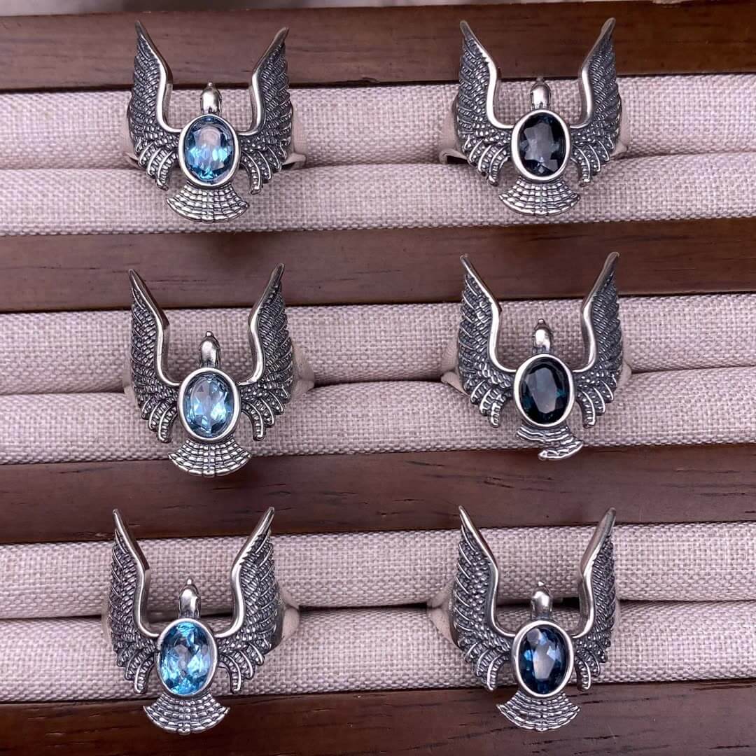London blue topaz, Swiss blue topaz, grey moonstone, Golden Fortune stone ring S925 in silver eagle shaped silveer ring