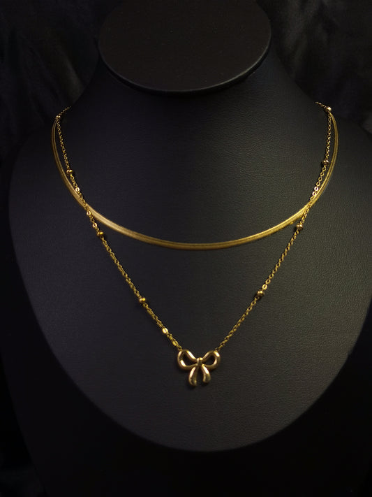 Double Layers Bow knot Necklace 18k gold-plated Titanium Steel Ball&snake chain Trendy Jewelry 2025 GMJN19