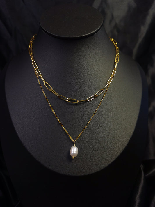 Double Layers Pearl Necklace 18k gold-plated Titanium Steel Cuban&Clip chain Trendy Jewelry 2025 GMJN20