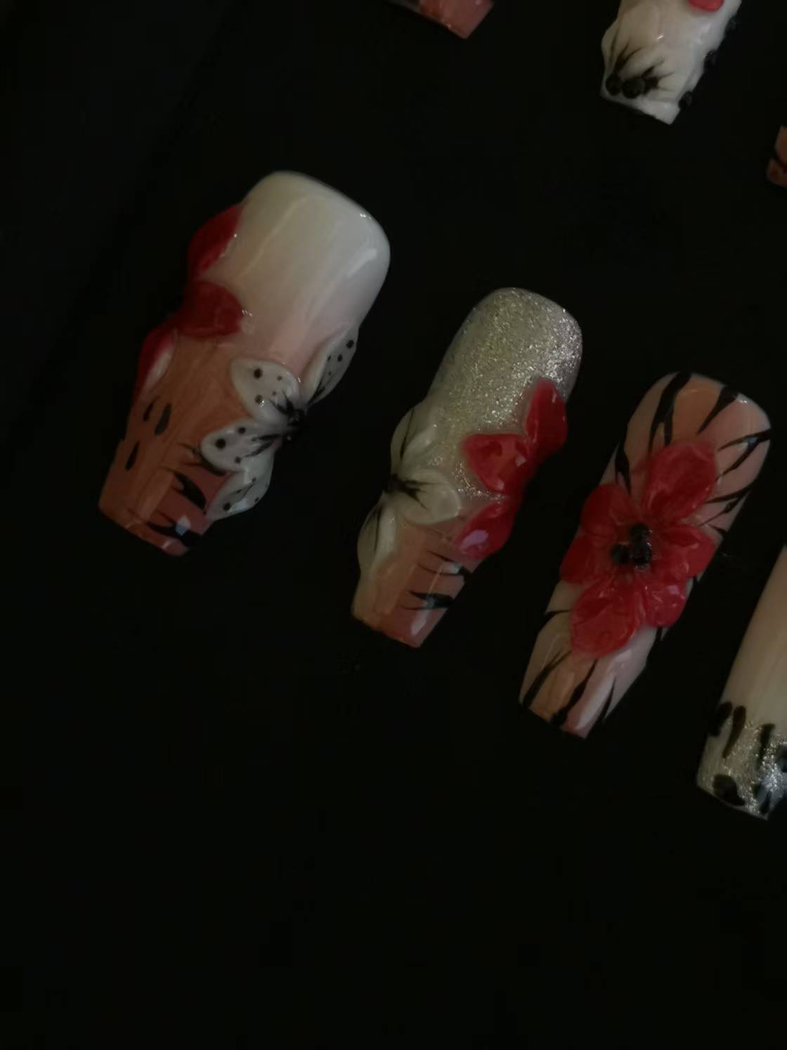 NO:1009 Acrylic 3D Red Flower Garden Design Press on nails square coffin stiletto reusable durable trendy 2025