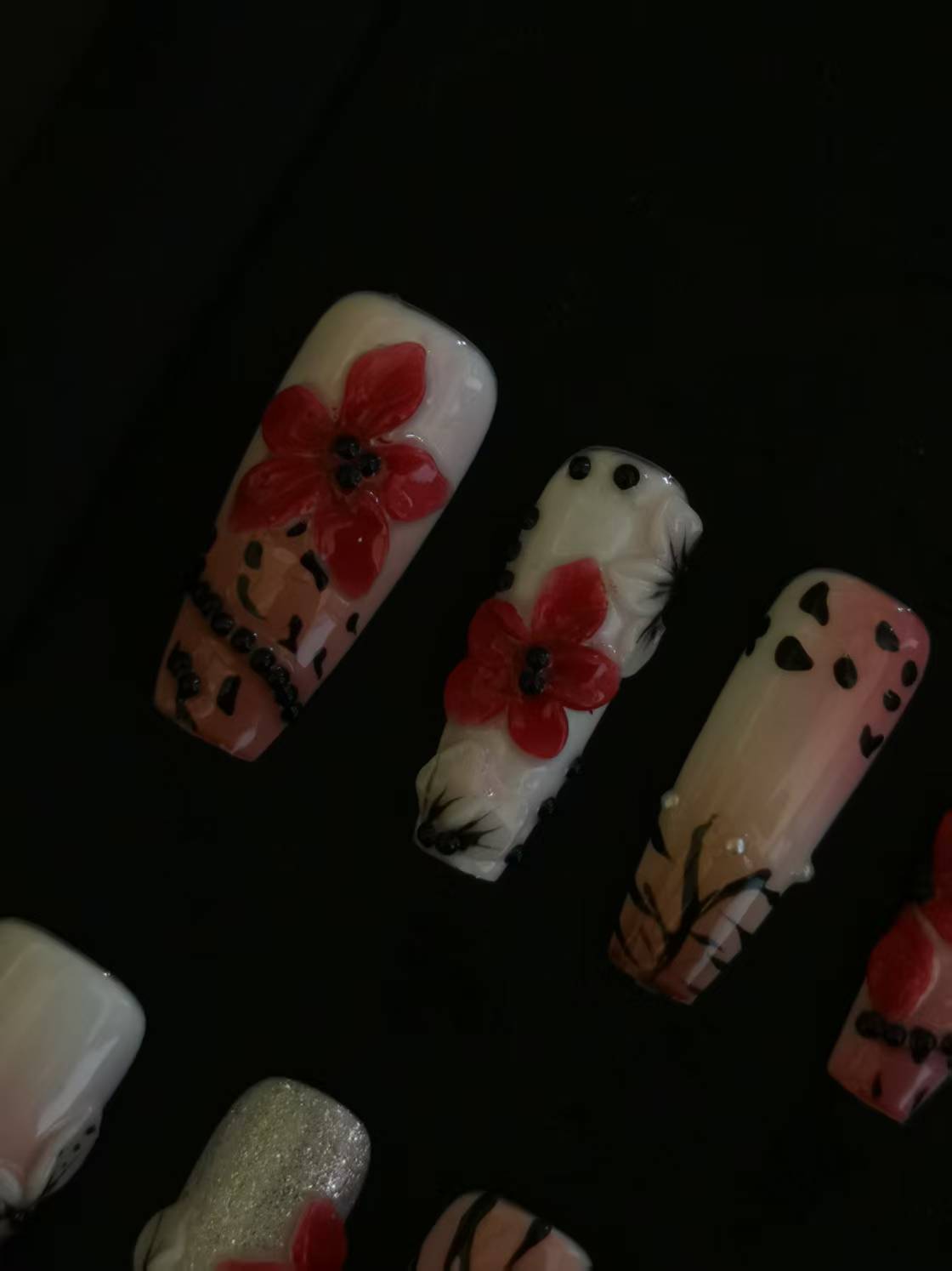 NO:1009 Acrylic 3D Red Flower Garden Design Press on nails square coffin stiletto reusable durable trendy 2025