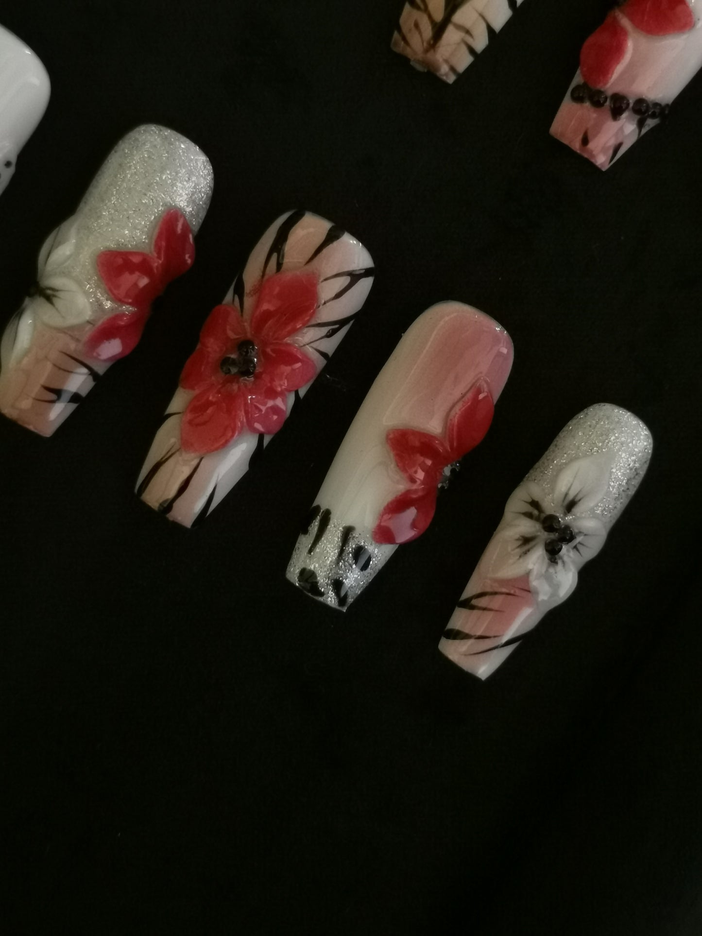 NO:1009 Acrylic 3D Red Flower Garden Design Press on nails square coffin stiletto reusable durable trendy 2025