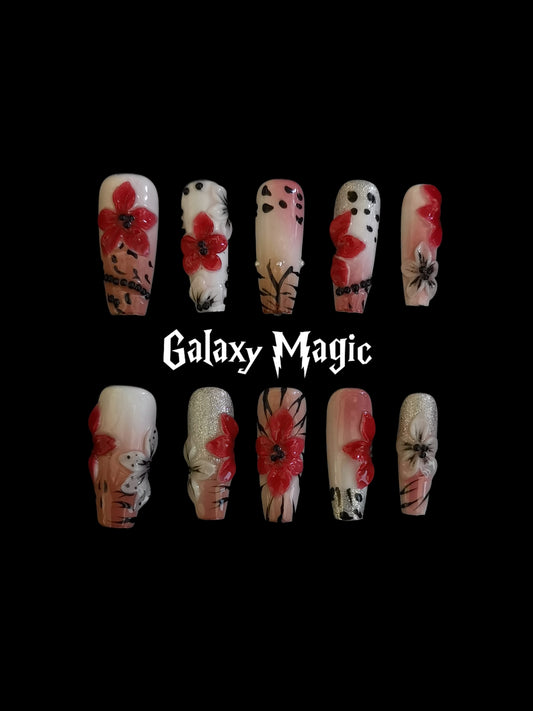 NO:1009 Acrylic 3D Red Flower Garden Design Press on nails square coffin stiletto reusable durable trendy 2025