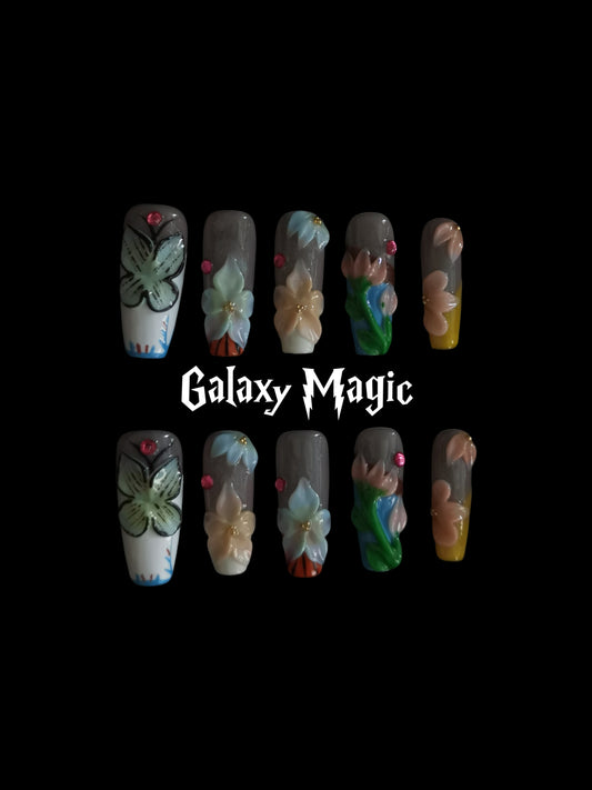 NO:1008 Acrylic 3D Flower Garden Design Press on nails square coffin stiletto reusable durable trendy 2025