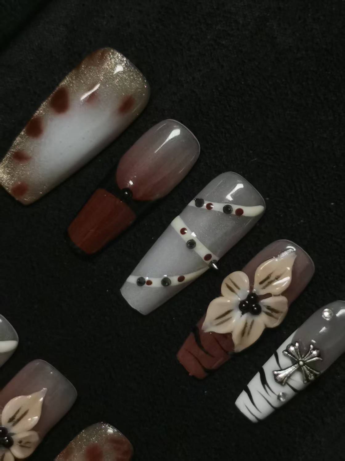 Handmade Acrylic 3D Flower Belt Design Autumn Fall  Press on nails square coffin stiletto NO:1015