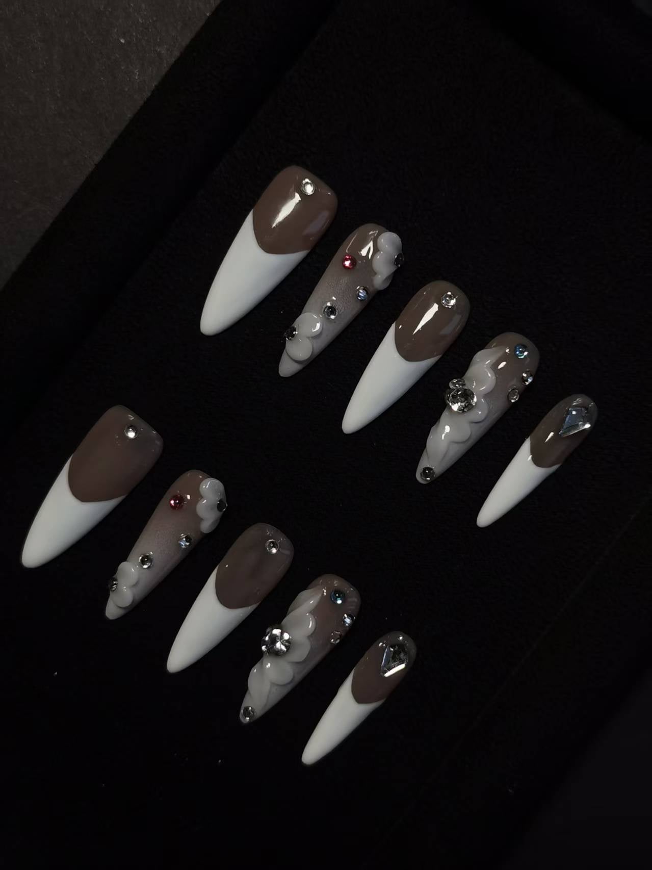 Handmade Acrylic 3D Flower Metallic Press on nails coffin stiletto reusable durable NO:1003