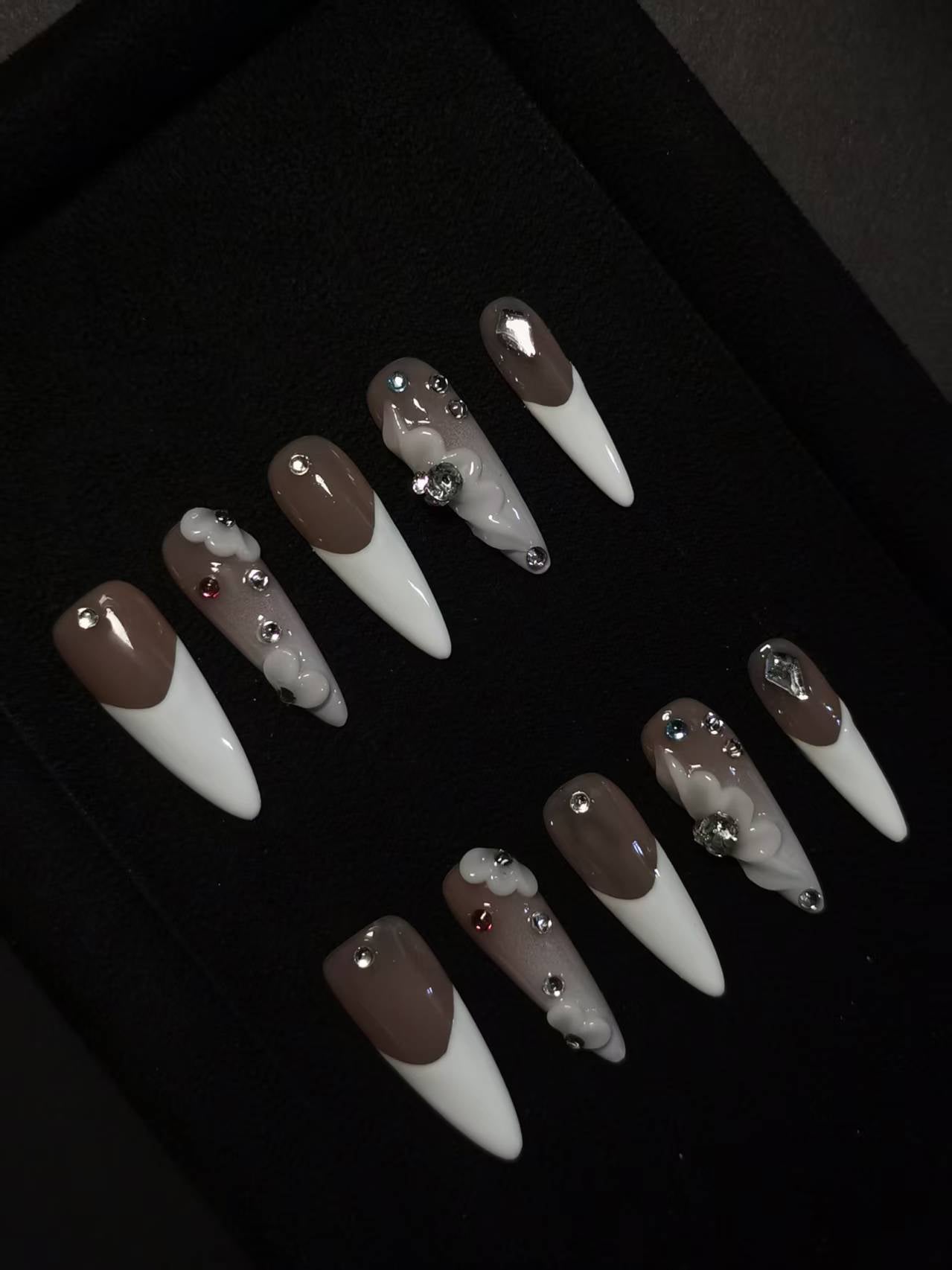 Handmade Acrylic 3D Flower Metallic Press on nails coffin stiletto reusable durable NO:1003