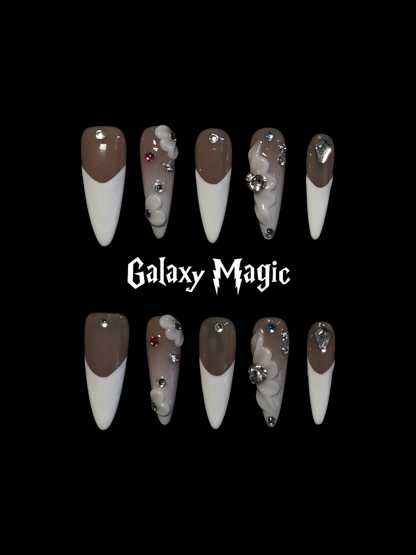 Handmade Acrylic 3D Flower Metallic Press on nails coffin stiletto reusable durable NO:1003