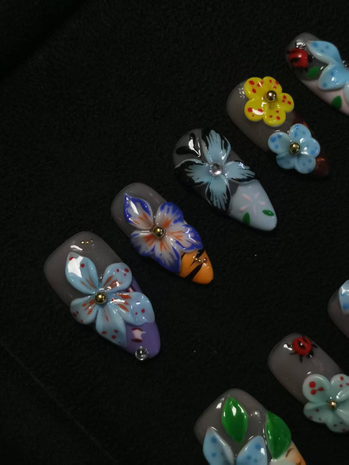 NO:1032 Acrylic 3D Flower Garden Design Press on nails Almond reusable durable trendy 2025