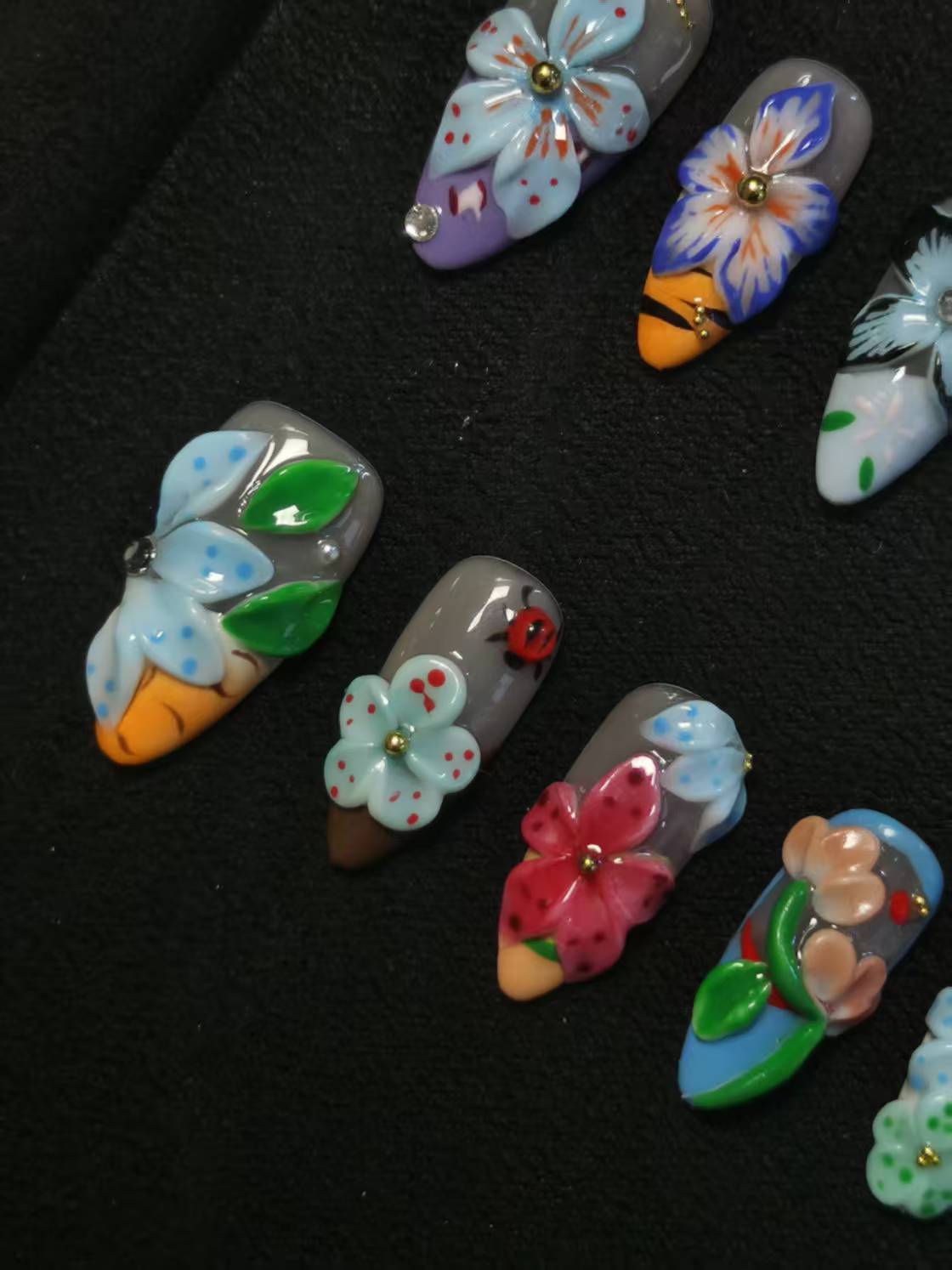NO:1032 Acrylic 3D Flower Garden Design Press on nails Almond reusable durable trendy 2025