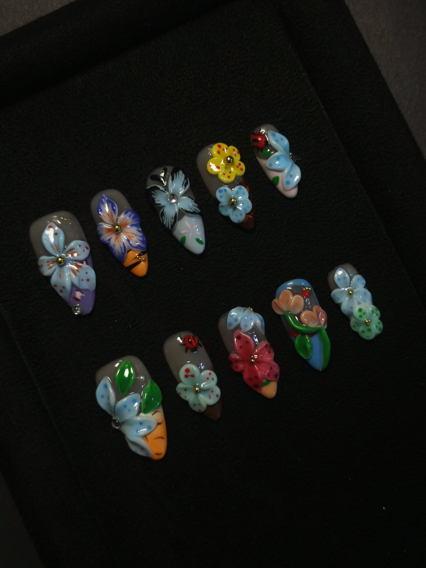 NO:1032 Acrylic 3D Flower Garden Design Press on nails Almond reusable durable trendy 2025