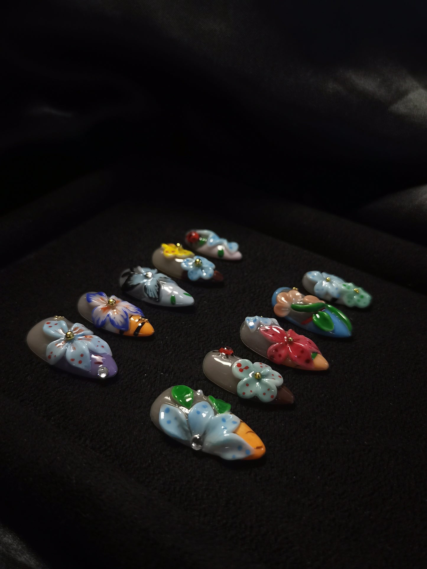 NO:1032 Acrylic 3D Flower Garden Design Press on nails Almond reusable durable trendy 2025
