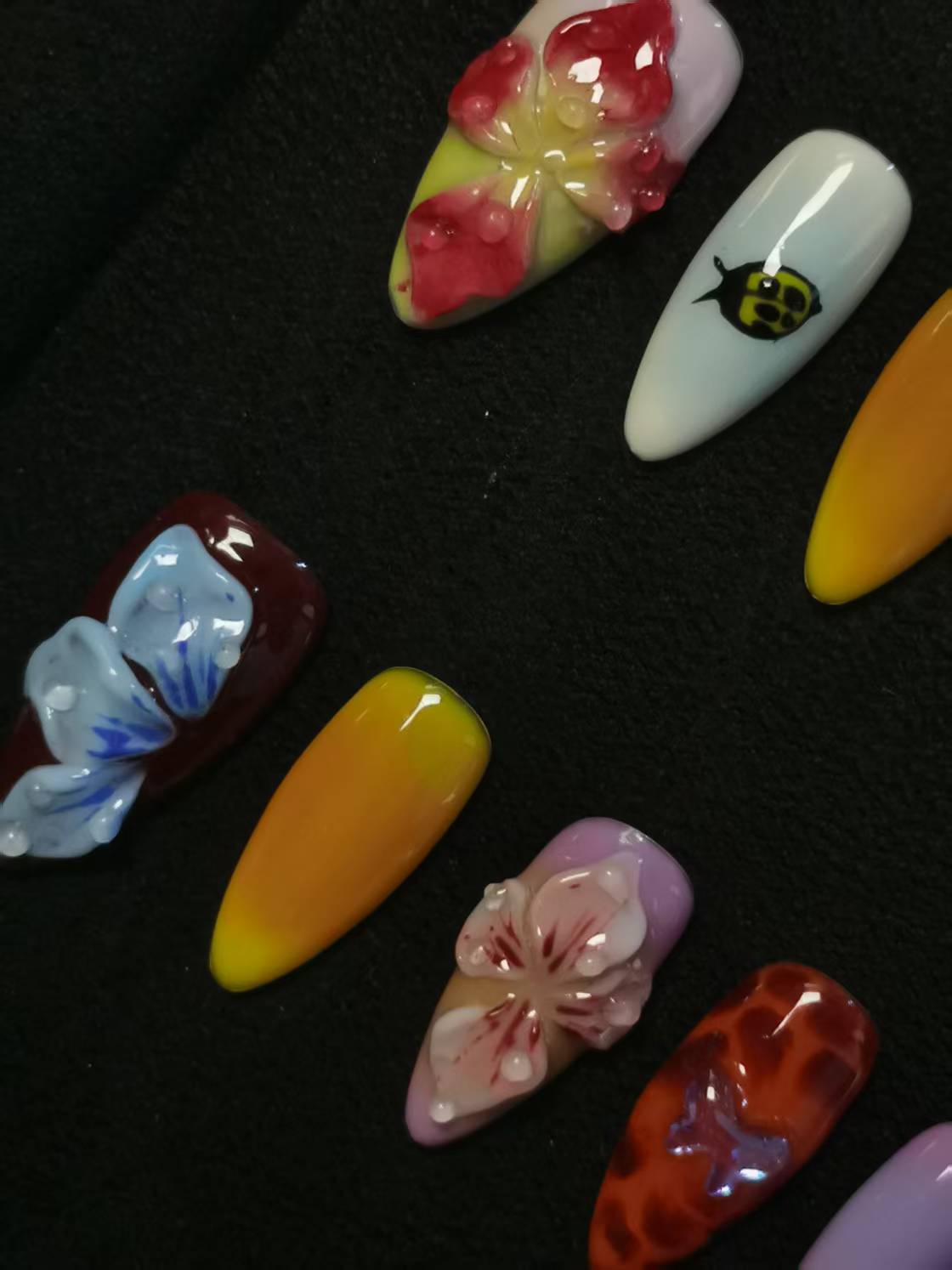 NO:1040 Acrylic 3D Flower Garden Design Press on nails Almond reusable durable trendy 2025